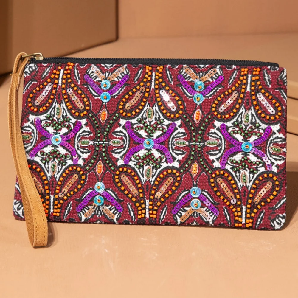 Handmade Hand Beaded & Sequined Wristlet Clutch - Unique Ethnic Inspired Pattern - Picture 2 of 6